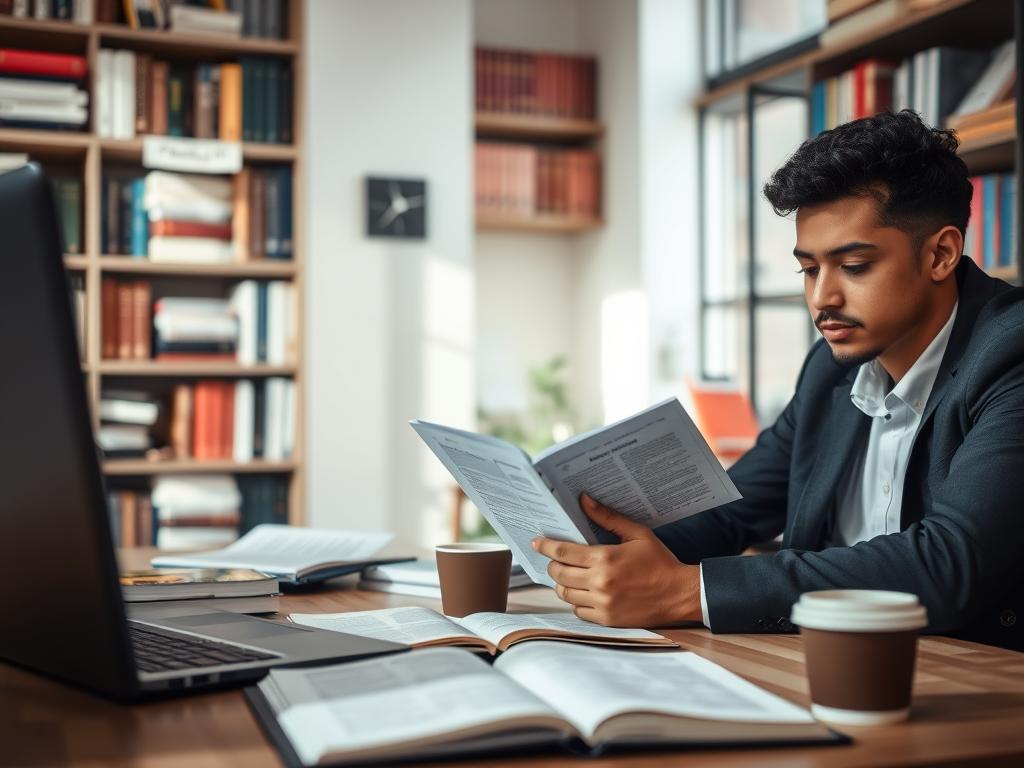 A professional translator in a modern office environment, focused on translating medical documents from English to Spanish. In the foreground, a diverse individual in business attire, intensely reviewing medical terminology on a laptop, surrounded by neatly organized papers and medical references. The middle ground features an open book and a coffee cup, adding a sense of engagement and concentration. The background includes a bookshelf filled with medical dictionaries, journals, and bilingual dictionaries, all softly blurred to emphasize the translator. Soft, natural lighting filters through a nearby window, casting gentle shadows, creating a calm and productive atmosphere, capturing the essence of medical translation. The angle is slightly elevated, giving a bird’s-eye view of the workspace.