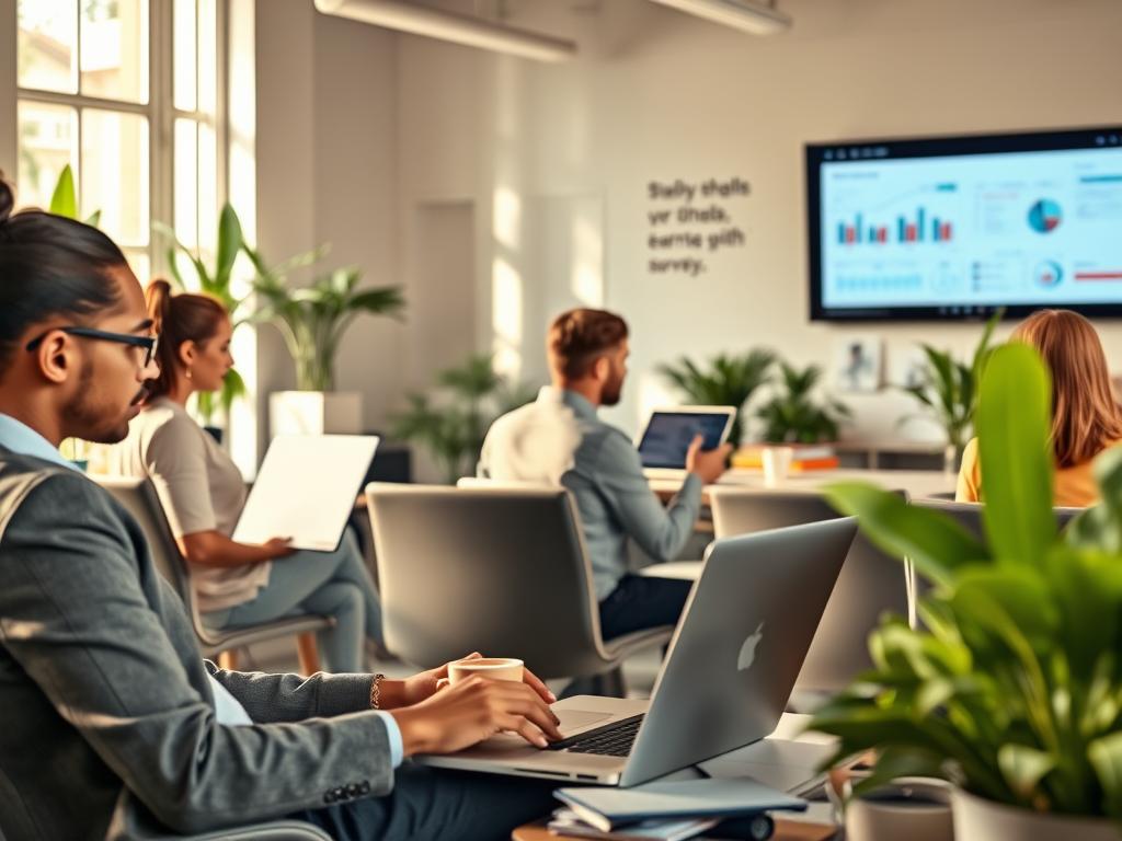 A professional workspace setting, featuring a diverse group of individuals engaged in taking online surveys on laptops and tablets. In the foreground, a focused person in smart casual attire is selecting answers on a survey, with a laptop and a cup of coffee beside them. In the middle, another individual is reviewing survey results on a large screen, showing charts and statistics. The background includes a well-organized office space with plants and inspirational quotes on the walls. Soft, natural light streams in through large windows, creating a warm and inviting atmosphere. The scene conveys a sense of productivity, collaboration, and the ease of earning rewards through surveys. A professional workspace setting, featuring a diverse group of individuals engaged in taking online surveys on laptops and tablets. In the foreground, a focused person in smart casual attire is selecting answers on a survey, with a laptop and a cup of coffee beside them. In the middle, another individual is reviewing survey results on a large screen, showing charts and statistics. The background includes a well-organized office space with plants and inspirational quotes on the walls. Soft, natural light streams in through large windows, creating a warm and inviting atmosphere. The scene conveys a sense of productivity, collaboration, and the ease of earning rewards through surveys.