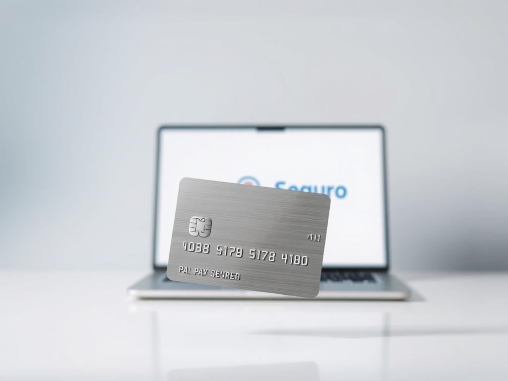 A secure online payment platform, "Pago Seguro", set against a modern, minimalist backdrop. In the foreground, a sleek, silver credit card hovers above a smooth, glass surface, its metallic sheen catching the soft, diffused lighting. In the middle ground, a laptop screen displays the Pago Seguro logo, its clean, elegant design conveying a sense of trust and reliability. The background features a subtle gradient, transitioning from a pale, calming blue to a soft, neutral gray, creating a serene, professional atmosphere. The overall composition exudes a sense of security, convenience, and the seamless integration of technology and finance, reflecting the core values of a safe and efficient online payment experience. A secure online payment platform, "Pago Seguro", set against a modern, minimalist backdrop. In the foreground, a sleek, silver credit card hovers above a smooth, glass surface, its metallic sheen catching the soft, diffused lighting. In the middle ground, a laptop screen displays the Pago Seguro logo, its clean, elegant design conveying a sense of trust and reliability. The background features a subtle gradient, transitioning from a pale, calming blue to a soft, neutral gray, creating a serene, professional atmosphere. The overall composition exudes a sense of security, convenience, and the seamless integration of technology and finance, reflecting the core values of a safe and efficient online payment experience.