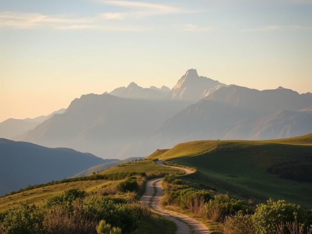A serene and tranquil landscape, with rolling hills and lush vegetation in the foreground. In the middle ground, a winding path leads the eye towards a majestic mountain range, bathed in soft, golden light. The atmosphere is one of calm contemplation, with a sense of timelessness and balance. The scene is captured through the lens of a wide-angle camera, emphasizing the depth and scale of the environment. Intricate textures and details are present throughout, from the delicate foliage to the rugged, weathered peaks. This image conveys a sense of passive, long-term investment strategies, where patience and prudence are rewarded.