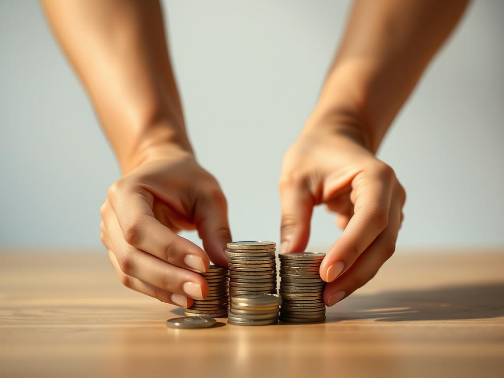 A serene, minimalist scene depicting a person's hands carefully arranging a stack of coins, representing the careful and thoughtful process of investing in index funds. The hands are positioned in the foreground, with a plain, uncluttered background, perhaps a soft gray or neutral tone, to draw the viewer's focus. Warm, natural lighting casts a gentle glow on the coins, conveying a sense of financial stability and growth. The composition is balanced and symmetrical, reflecting the systematic approach to index fund investing. The overall mood is one of calm, control, and financial prudence.