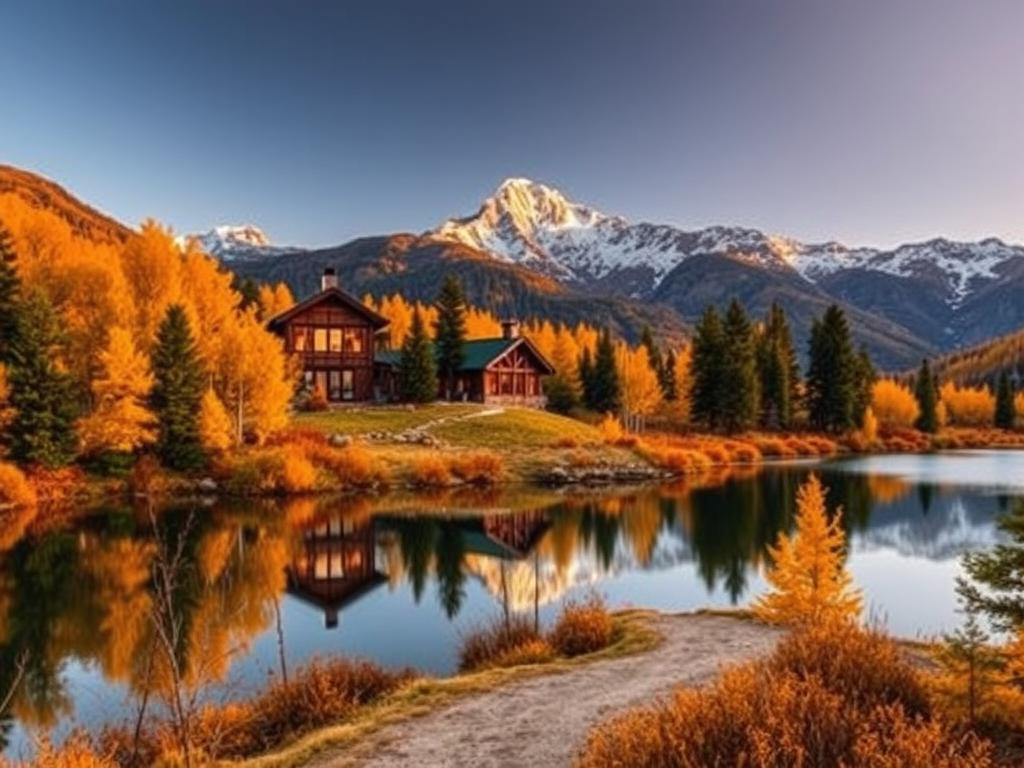 A serene mountain landscape in golden autumn, with a cozy cabin nestled amidst vibrant foliage. Warm, soft lighting filters through the windows, casting a welcoming glow. In the foreground, a picturesque lake reflects the surrounding peaks and trees, creating a tranquil, mirror-like surface. The middle ground features a winding path leading to the cabin's entrance, inviting the viewer to explore. In the background, majestic snow-capped mountains rise, framing the scene. The overall atmosphere evokes a sense of peaceful solitude, the perfect setting to plan a memorable vacation rental experience.