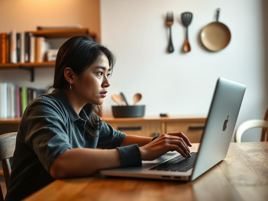 A serene online learning environment, with a learner seated at a wooden desk, intently focused on a laptop screen. The room is bathed in soft, natural lighting, creating a warm and inviting atmosphere. In the background, shelves of cookbooks and kitchen utensils hint at the culinary focus of the lesson. The learner's expression conveys a sense of determination and concentration as they progress step-by-step through the online course, mastering the techniques of Peruvian cuisine. A serene online learning environment, with a learner seated at a wooden desk, intently focused on a laptop screen. The room is bathed in soft, natural lighting, creating a warm and inviting atmosphere. In the background, shelves of cookbooks and kitchen utensils hint at the culinary focus of the lesson. The learner's expression conveys a sense of determination and concentration as they progress step-by-step through the online course, mastering the techniques of Peruvian cuisine.