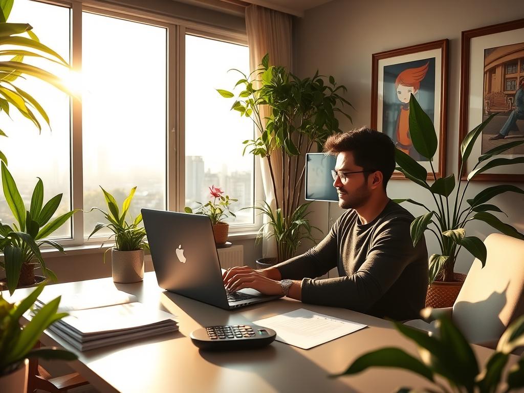 A serene, sun-drenched home office in Bogotá, Colombia. The large desk is neatly organized, with a laptop, a stack of survey forms, and a calculator. Lush, verdant plants and framed artwork adorn the space, creating a calming, productive atmosphere. The large window offers a panoramic view of the city skyline, bathed in warm, golden light. A person sits at the desk, intently focused on maximizing their survey earnings, their face illuminated by the soft, natural glow. The overall mood is one of efficiency, accomplishment, and a sense of financial opportunity. A serene, sun-drenched home office in Bogotá, Colombia. The large desk is neatly organized, with a laptop, a stack of survey forms, and a calculator. Lush, verdant plants and framed artwork adorn the space, creating a calming, productive atmosphere. The large window offers a panoramic view of the city skyline, bathed in warm, golden light. A person sits at the desk, intently focused on maximizing their survey earnings, their face illuminated by the soft, natural glow. The overall mood is one of efficiency, accomplishment, and a sense of financial opportunity.