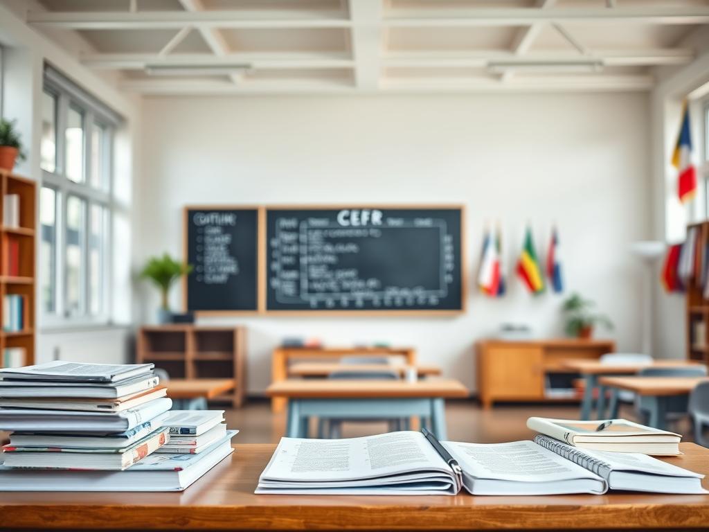 A serene, well-lit classroom with an abundance of natural light streaming in from large windows. In the foreground, a collection of textbooks and learning materials neatly arranged on a wooden desk, hinting at the educational focus. In the middle ground, a chalkboard or whiteboard displays a visual representation of the Common European Framework of Reference for Languages (CEFR), illustrating the various proficiency levels. The background features a wall adorned with international flags, symbolizing the global reach of language learning. The overall atmosphere conveys a sense of structured, yet welcoming, academic environment focused on guiding students towards their language proficiency goals. A serene, well-lit classroom with an abundance of natural light streaming in from large windows. In the foreground, a collection of textbooks and learning materials neatly arranged on a wooden desk, hinting at the educational focus. In the middle ground, a chalkboard or whiteboard displays a visual representation of the Common European Framework of Reference for Languages (CEFR), illustrating the various proficiency levels. The background features a wall adorned with international flags, symbolizing the global reach of language learning. The overall atmosphere conveys a sense of structured, yet welcoming, academic environment focused on guiding students towards their language proficiency goals.