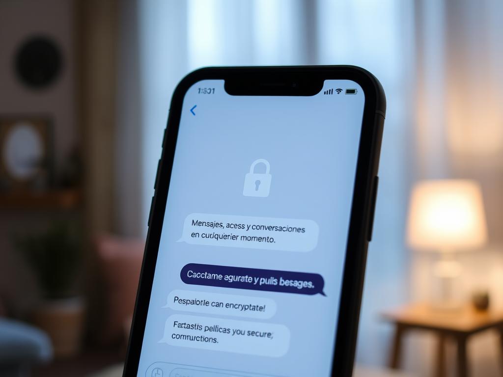 A serene, well-lit scene depicting a secure messaging app interface. In the foreground, a smartphone screen shows a clean, minimalist chat window with encrypted messages being exchanged. The middle ground features a subtle lock icon, symbolizing the secure nature of the communications. The background is a softly blurred, inviting home environment, evoking a sense of privacy and comfort. The overall mood is one of trust, safety, and digital intimacy, reflecting the "Mensajes, acceso y conversaciones seguras en cualquier momento" concept. A serene, well-lit scene depicting a secure messaging app interface. In the foreground, a smartphone screen shows a clean, minimalist chat window with encrypted messages being exchanged. The middle ground features a subtle lock icon, symbolizing the secure nature of the communications. The background is a softly blurred, inviting home environment, evoking a sense of privacy and comfort. The overall mood is one of trust, safety, and digital intimacy, reflecting the "Mensajes, acceso y conversaciones seguras en cualquier momento" concept.