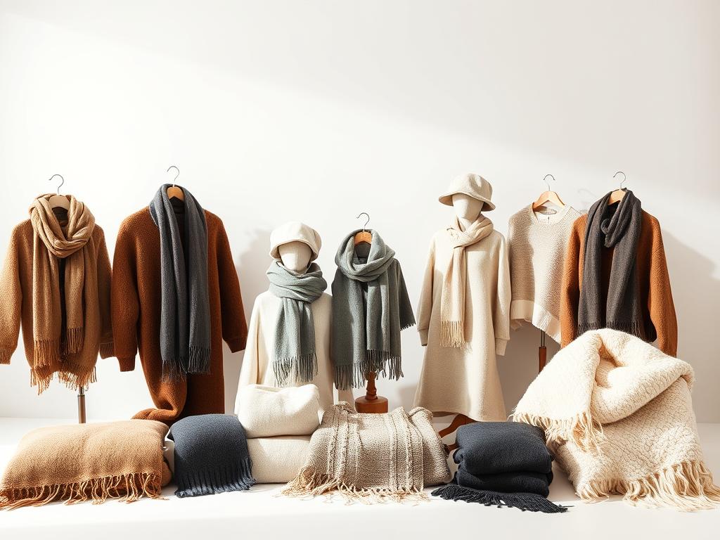 A serene, well-lit studio setting showcasing a harmonious arrangement of alpaca-based products. In the foreground, a collection of expertly crafted alpaca sweaters, scarves, ponchos, hats, and blankets, each piece displaying the natural luster and softness of the fiber. The middle ground features a clean, minimal backdrop, allowing the products to take center stage. Gentle side-lighting creates depth and highlights the textural details of the items. The overall mood is one of refined elegance and understated luxury, inviting the viewer to appreciate the high-quality craftsmanship and versatility of these alpaca-based accessories.