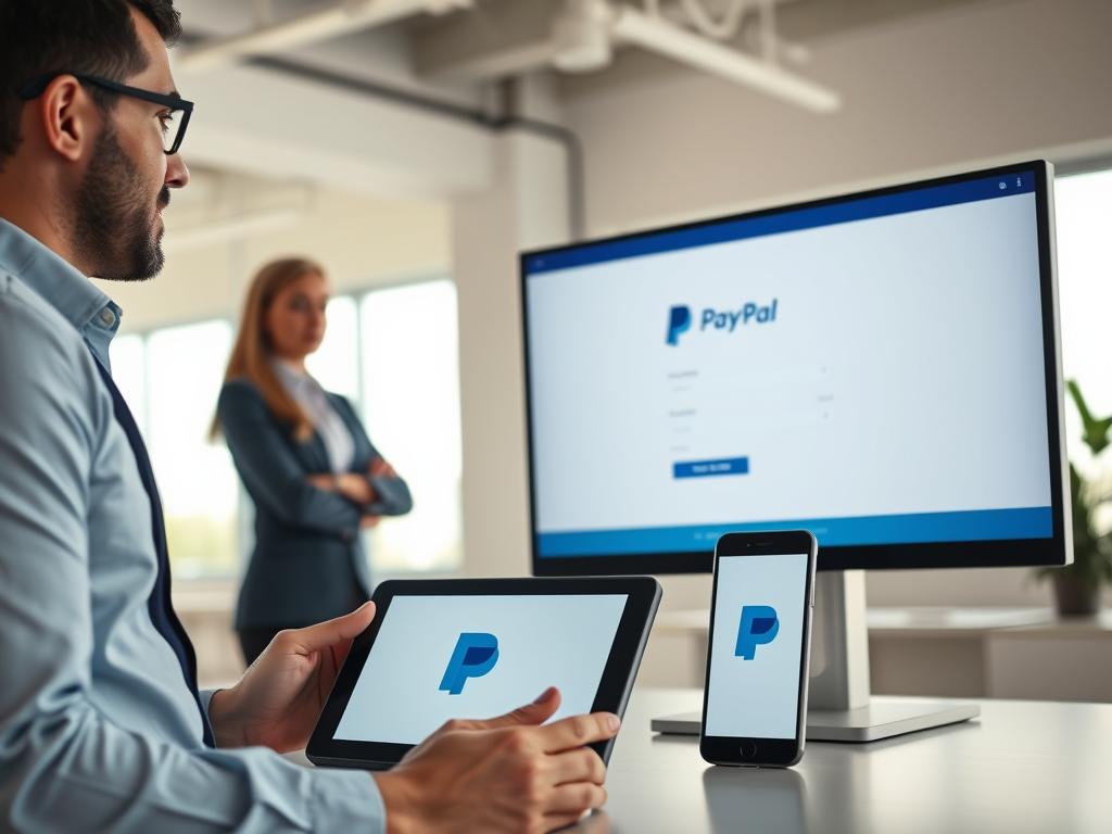A sleek and modern PayPal account interface displayed on a high-resolution computer screen in a well-lit office environment. In the foreground, a diverse group of professionals—two men and one woman—dressed in smart business attire, are engaged in a discussion about online payment methods. The middle ground showcases a digital tablet and smartphone displaying the PayPal logo. In the background, a clean, minimalistic office space with a large window allowing soft natural light to filter in, creating a warm and inviting atmosphere. The overall mood conveys professionalism and trust, highlighting the convenience of online payment methods such as PayPal for reward and earnings transactions. A sleek and modern PayPal account interface displayed on a high-resolution computer screen in a well-lit office environment. In the foreground, a diverse group of professionals—two men and one woman—dressed in smart business attire, are engaged in a discussion about online payment methods. The middle ground showcases a digital tablet and smartphone displaying the PayPal logo. In the background, a clean, minimalistic office space with a large window allowing soft natural light to filter in, creating a warm and inviting atmosphere. The overall mood conveys professionalism and trust, highlighting the convenience of online payment methods such as PayPal for reward and earnings transactions.