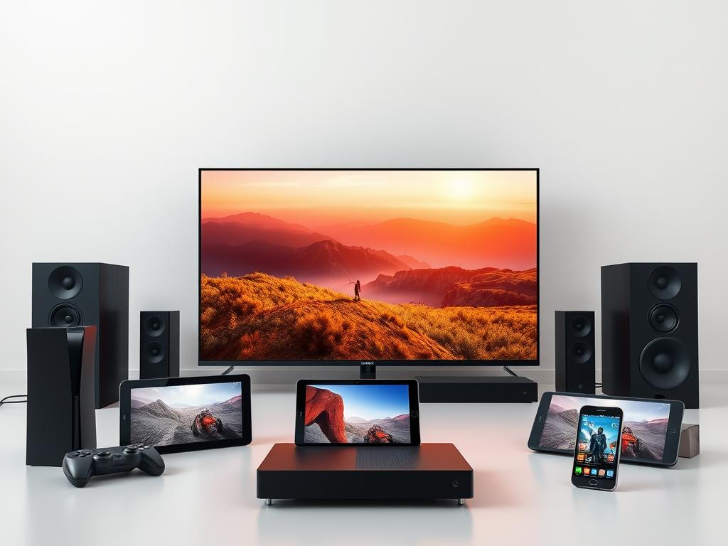 A sleek and modern arrangement of various display devices, meticulously showcasing the latest in streaming technology. In the foreground, a high-definition smart TV stands tall, its screen casting a warm, ambient glow. Surrounding it, a collection of state-of-the-art devices, including a cutting-edge gaming console, a compact streaming box, and a seamlessly integrated sound system with 5.1 surround sound capabilities. The middle ground features a tablet and a smartphone, each displaying vivid, crystal-clear images, hinting at the versatility of the setup. The background is a minimalist, well-lit space, emphasizing the technological elegance and the cohesive nature of the ensemble. The overall atmosphere evokes a sense of immersion, seamlessly blending form and function to deliver an exceptional viewing and listening experience.