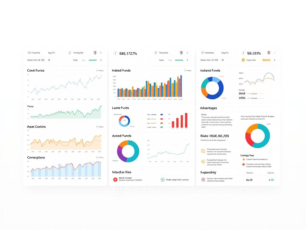 A sleek and modern financial dashboard displaying an array of indexed fund performance charts, set against a clean and minimalist background. The foreground features various line graphs, bar charts, and pie charts showcasing market trends, asset allocation, and portfolio diversification. The middle ground includes intuitive data visualizations and infographics highlighting the advantages and risks of indexed funds, such as low costs, broad market exposure, and susceptibility to market fluctuations. The background has a soft, muted color palette with subtle grid patterns, conveying a sense of order and precision. Bright accent colors are used strategically to draw the viewer's attention to key insights. The overall aesthetic is both informative and visually striking, seamlessly blending functionality and aesthetics.
