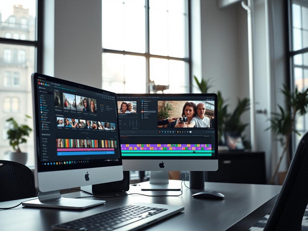 A sleek, high-performance video editing suite in a well-lit, modern office setting. In the foreground, the Final Cut Pro user interface dominates the frame, displaying advanced timeline controls, color grading tools, and a high-quality preview of a YouTube video. The middle ground features a premium, aluminum unibody desktop computer with an expansive 4K display, streamlining the video production workflow. In the background, large windows flood the room with soft, natural lighting, creating a professional, distraction-free atmosphere conducive to precision video editing. The overall scene conveys a sense of power, efficiency, and creative mastery - the tools of the trade for a skilled YouTuber content creator.