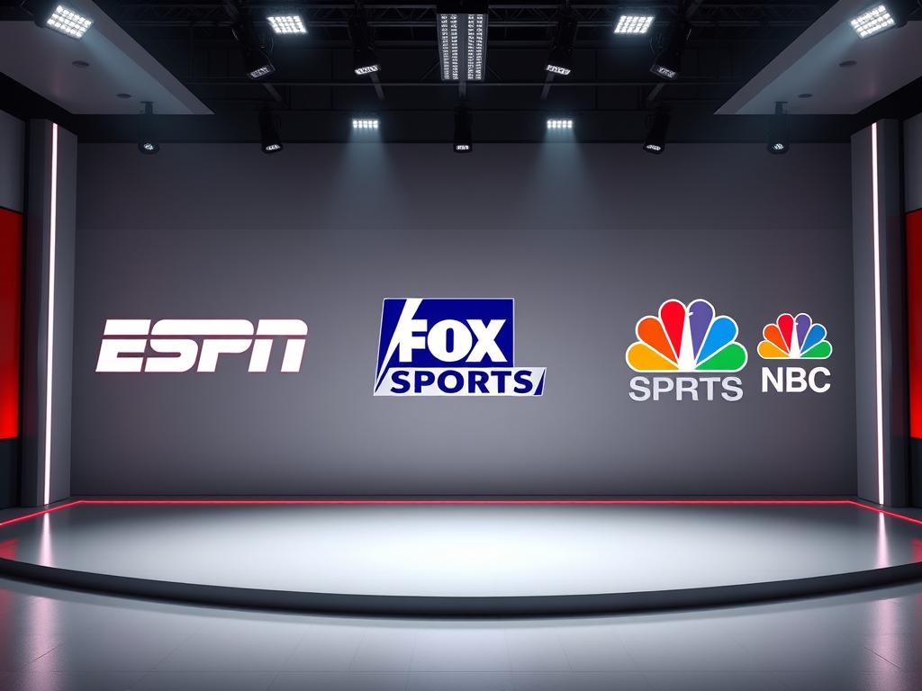 A sleek, modern studio set featuring a row of prominent YouTube channel logos for major sports networks and broadcasters, including ESPN, Fox Sports, and NBC Sports. The logos are prominently displayed on the center stage, with a clean, minimalist backdrop of solid colors or subtle gradients. The lighting is professional and directional, casting dramatic shadows and highlights to emphasize the branding. The camera angle is a high, slightly off-center perspective, giving the impression of an authoritative, elevated viewpoint. The overall mood is one of authority, prestige, and high production value, reflecting the importance of these key sports media channels on the YouTube platform.