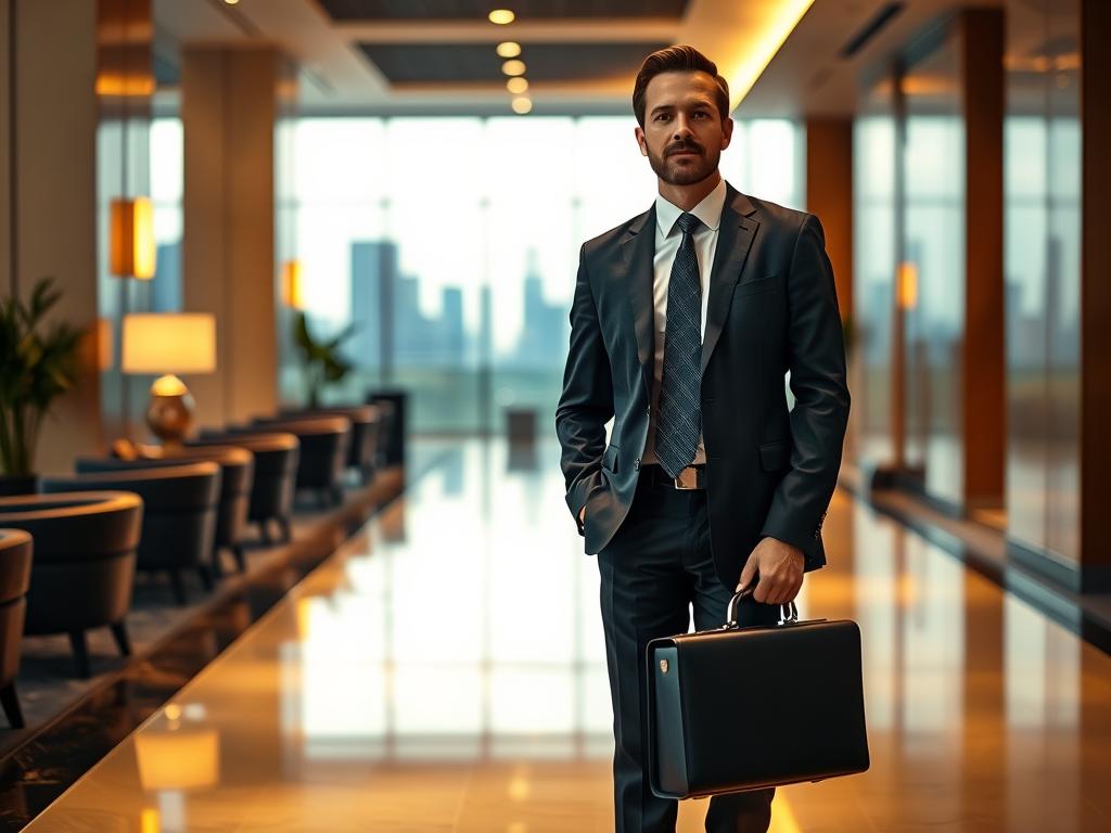 A sophisticated revenue manager standing confidently in a sleek hotel lobby, dressed in a sharp tailored suit, briefcase in hand. The scene is bathed in warm, ambient lighting that casts a refined, professional atmosphere. In the background, a subtle, out-of-focus cityscape seen through large windows hints at the manager's urban environment and the scope of their responsibilities. The composition conveys a sense of expertise, diligence and the revenue manager's integral role in the modern hospitality industry.