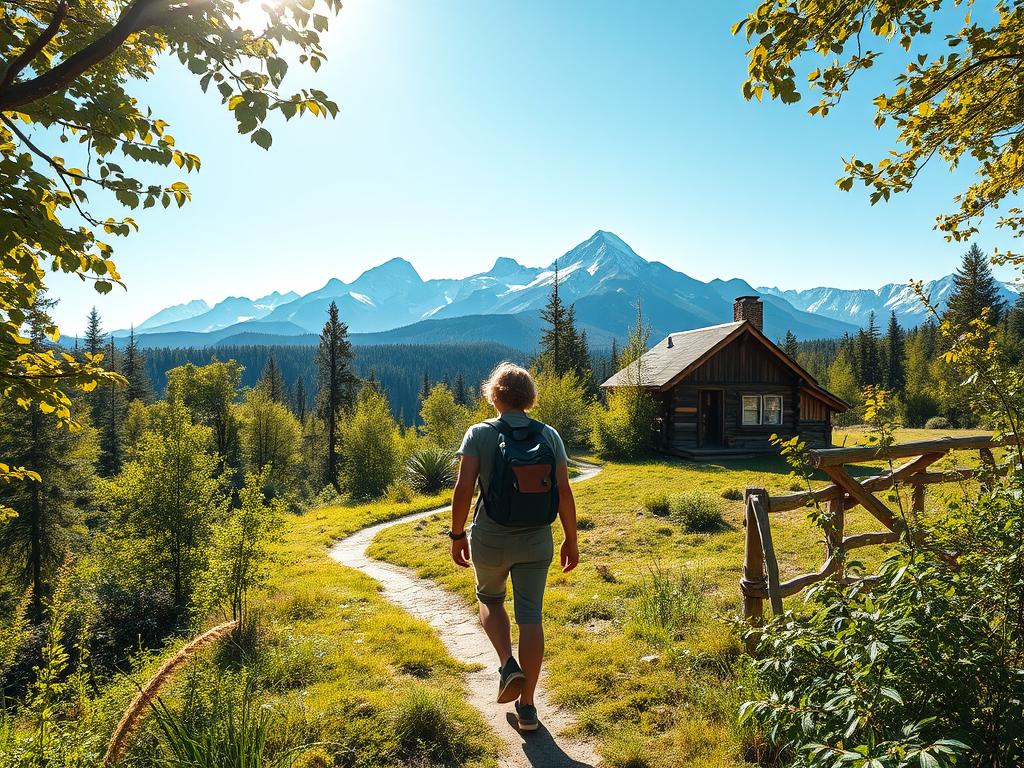 A spontaneous adventure through a vibrant, sun-dappled landscape. In the foreground, a traveler strolls along a winding path, their backpack slung over one shoulder, captured mid-stride with a carefree gaze. Surrounding them, a lush, verdant forest teems with life, the dappled sunlight filtering through the canopy above. In the middle distance, a quaint, rustic cabin nestles among the trees, its weathered wooden facade and curl of smoke from the chimney inviting exploration. In the background, majestic mountains rise, their peaks capped with snow, creating a sense of vastness and possibility. The overall mood is one of freedom, curiosity, and the thrill of the unknown, perfectly encapsulating the spirit of spontaneous travel.