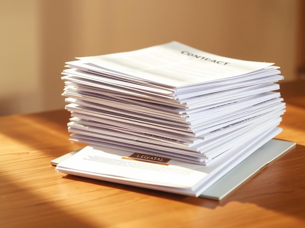 A stack of various legal documents, including contracts, certificates, and forms, neatly arranged on a wooden desk under warm, directional lighting. The documents are crisp and pristine, casting subtle shadows that create depth and a sense of solidity. The background is a clean, minimalist workspace, allowing the focus to remain on the important paperwork. The overall atmosphere conveys a professional, authoritative tone suitable for the translation of legal documents.