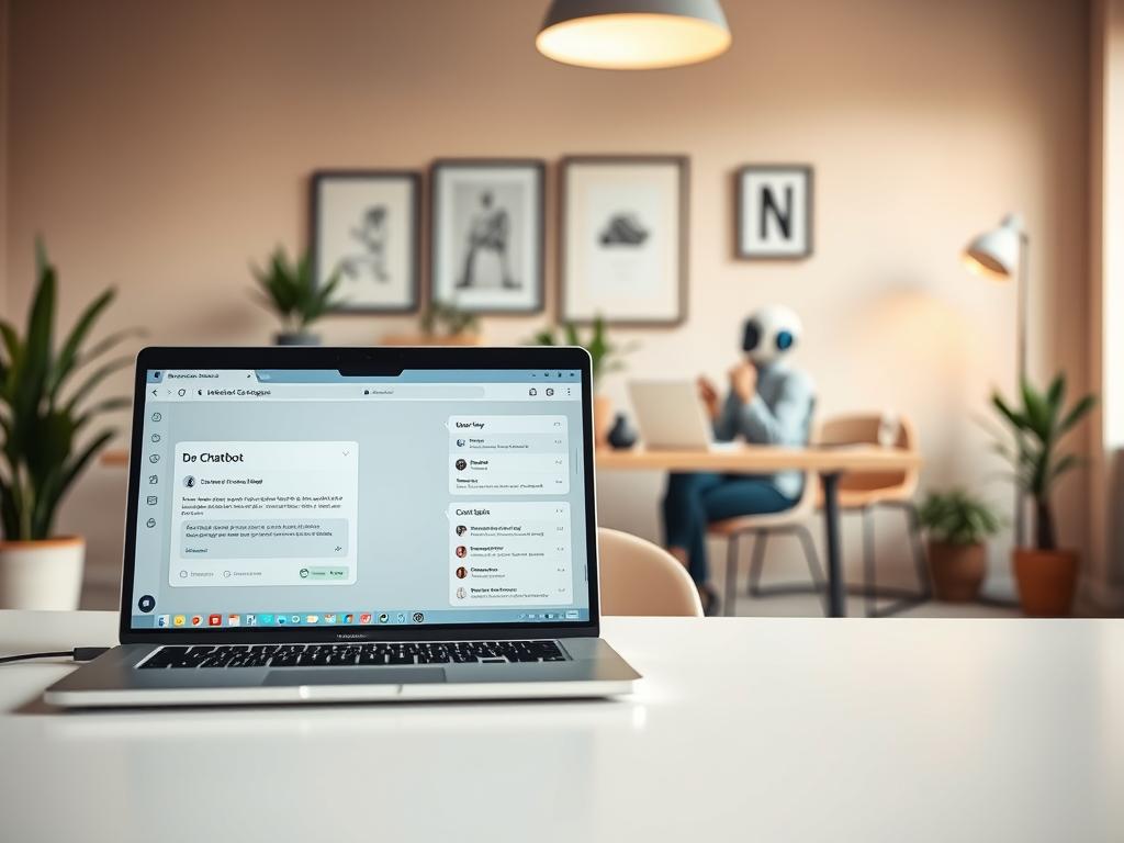 A step-by-step guide for creating an effective chatbot, set against a warm, inviting office environment. In the foreground, a laptop screen displays a chatbot interface with clean, intuitive design. In the middle ground, a person thoughtfully designs the chatbot's personality and conversational flow. The background features a minimalist workspace with potted plants, framed artwork, and a cozy reading nook, evoking a productive, creative atmosphere. Soft, directional lighting casts a gentle glow, complementing the serene, professional mood. A sense of focus and purpose pervades the scene, reflecting the guide's instructional intent. A step-by-step guide for creating an effective chatbot, set against a warm, inviting office environment. In the foreground, a laptop screen displays a chatbot interface with clean, intuitive design. In the middle ground, a person thoughtfully designs the chatbot's personality and conversational flow. The background features a minimalist workspace with potted plants, framed artwork, and a cozy reading nook, evoking a productive, creative atmosphere. Soft, directional lighting casts a gentle glow, complementing the serene, professional mood. A sense of focus and purpose pervades the scene, reflecting the guide's instructional intent.