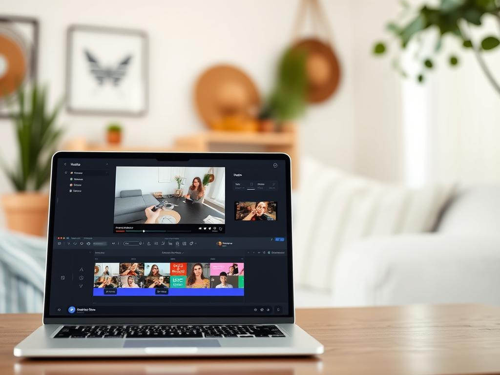 A stylish and minimalist video editing interface with a clean, intuitive layout. In the foreground, a laptop or tablet display showcases a user-friendly video editor, its controls and tools neatly arranged for easy navigation. Behind it, a blurred background depicts a cozy home office or creative workspace, hinting at the comfort and simplicity of the editing process. The lighting is soft and natural, creating a warm, inviting atmosphere that encourages creativity and productivity. The overall scene conveys a sense of accessibility, empowering new YouTubers and beginners to elevate their video content with professional-looking results.