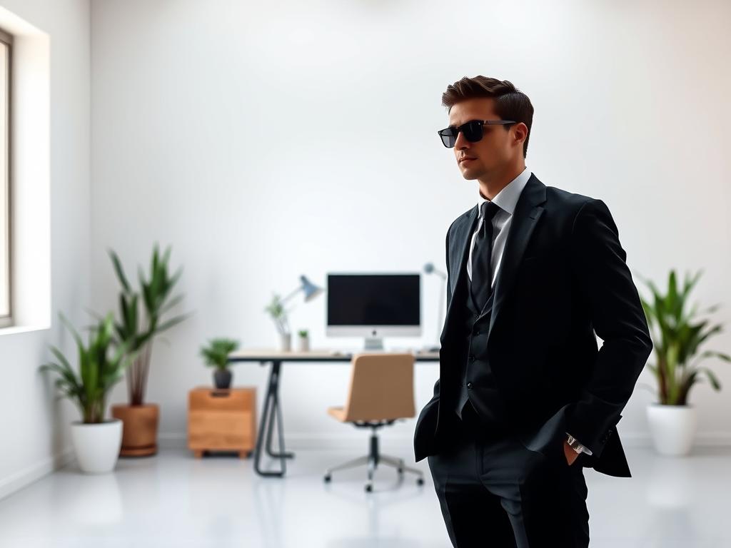 A stylish, well-dressed individual, a designer, standing confidently in a modern, minimalist studio setting. The foreground features the designer's silhouette, dressed in a sharp, tailored suit, hands in pockets, exuding an air of professionalism and creativity. The middle ground showcases an elegantly designed desk with a sleek computer, various design tools, and a few potted plants, conveying a sense of organized workspace. The background is a clean, white wall, softly lit from above, creating a sense of focus and clarity. The overall atmosphere is one of refined sophistication, reflecting the expertise and attention to detail of an accomplished logo designer. A stylish, well-dressed individual, a designer, standing confidently in a modern, minimalist studio setting. The foreground features the designer's silhouette, dressed in a sharp, tailored suit, hands in pockets, exuding an air of professionalism and creativity. The middle ground showcases an elegantly designed desk with a sleek computer, various design tools, and a few potted plants, conveying a sense of organized workspace. The background is a clean, white wall, softly lit from above, creating a sense of focus and clarity. The overall atmosphere is one of refined sophistication, reflecting the expertise and attention to detail of an accomplished logo designer.