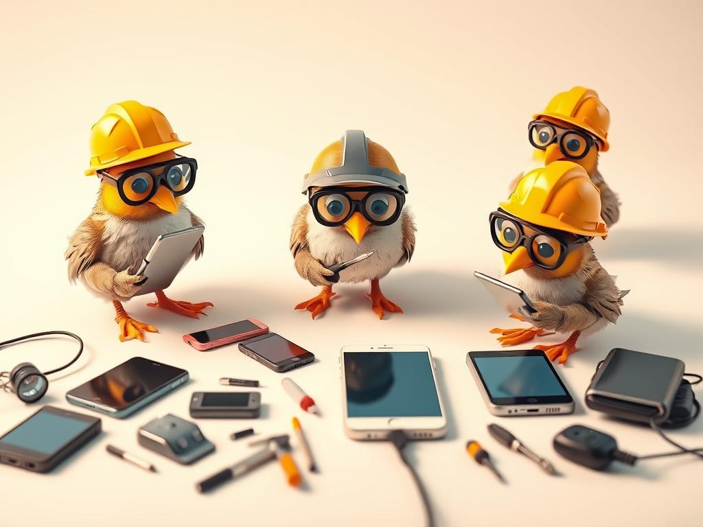 A team of quirky, cartoonish test birds diligently inspecting a variety of mobile devices and apps on a clean, minimalist white background. The birds are wearing tiny hardhats and safety goggles, peering intently at the screens with magnifying glasses and screwdrivers. The foreground is sharply focused, with the birds' expressions conveying a sense of concentration and playfulness. The middle ground features various electronic gadgets, cables, and tools scattered around, while the background has a subtle gradient that draws the eye to the central action. Warm, diffused lighting casts gentle shadows, giving the scene a friendly, whimsical atmosphere. A team of quirky, cartoonish test birds diligently inspecting a variety of mobile devices and apps on a clean, minimalist white background. The birds are wearing tiny hardhats and safety goggles, peering intently at the screens with magnifying glasses and screwdrivers. The foreground is sharply focused, with the birds' expressions conveying a sense of concentration and playfulness. The middle ground features various electronic gadgets, cables, and tools scattered around, while the background has a subtle gradient that draws the eye to the central action. Warm, diffused lighting casts gentle shadows, giving the scene a friendly, whimsical atmosphere.