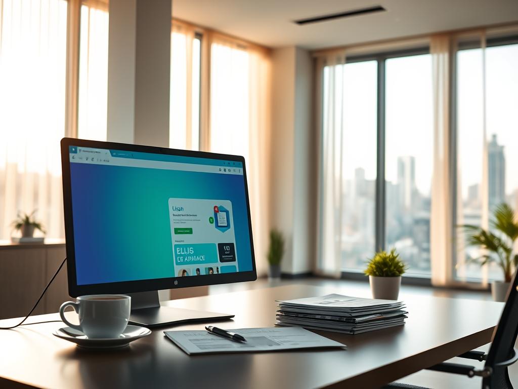 A tranquil, modern-looking office space with a bright, airy atmosphere. In the foreground, a sleek desktop computer displays a web browser window, the screen showing the Ayuwage platform's vibrant interface. On the desk, a cup of freshly brewed coffee and a well-organized stack of documents create a sense of productivity. The middle ground features an ergonomic office chair and a potted plant, adding a touch of natural elements to the scene. The background showcases large windows overlooking a bustling city skyline, bathed in warm, diffused sunlight that filters through sheer curtains. The overall mood is one of focus, professionalism, and a subtle hint of anticipation, as the user prepares to click on the Ayuwage advertisements.