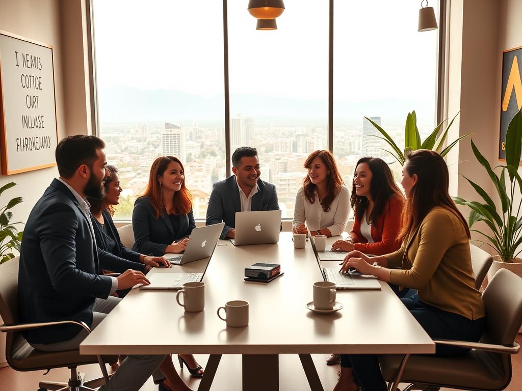 A vibrant and engaging influencer community scene set in a modern co-working space in Venezuela. In the foreground, a diverse group of five influencers, dressed in smart casual attire, gather around a sleek table filled with laptops and coffee cups, engaging in animated conversation and brainstorming. In the middle ground, a large window reveals a panoramic view of Caracas, with mountains in the distance. The atmosphere is lively and collaborative, enhanced by warm natural lighting streaming through the window. In the background, motivational artwork adorns the walls, and plants create a fresh ambiance. Capture the essence of community building and collaboration, emphasizing connection and modern professionalism in the influencer industry.