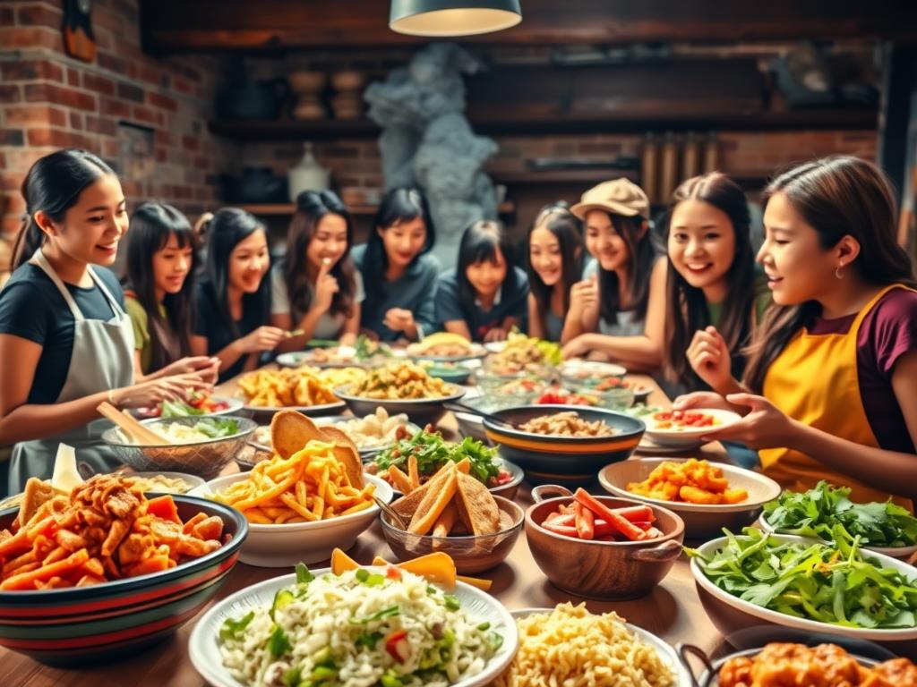 A vibrant and inviting scene showcasing the diverse flavors of Peruvian cuisine. In the foreground, a table is laden with a selection of colorful and expertly prepared traditional dishes, their aromas wafting through the air. In the middle ground, a group of enthusiastic students surround the table, eagerly sampling the delectable offerings and sharing their delight. The background depicts a warm, rustic kitchen setting, with exposed brick walls and rich wooden accents, creating a cozy and authentic atmosphere. Soft, natural lighting bathes the scene, highlighting the vibrant colors and textures of the food. The overall composition conveys a sense of joy, community, and the deep-rooted culinary traditions of Peru. A vibrant and inviting scene showcasing the diverse flavors of Peruvian cuisine. In the foreground, a table is laden with a selection of colorful and expertly prepared traditional dishes, their aromas wafting through the air. In the middle ground, a group of enthusiastic students surround the table, eagerly sampling the delectable offerings and sharing their delight. The background depicts a warm, rustic kitchen setting, with exposed brick walls and rich wooden accents, creating a cozy and authentic atmosphere. Soft, natural lighting bathes the scene, highlighting the vibrant colors and textures of the food. The overall composition conveys a sense of joy, community, and the deep-rooted culinary traditions of Peru.
