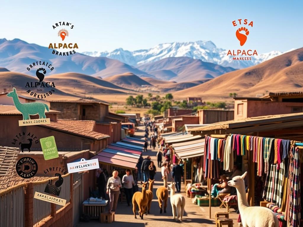 A vibrant collection of Etsy alpaca brands and workshops, set against a serene Andean landscape. In the foreground, distinct alpaca logos and product tags float in a warm, natural light, each representing a unique artisanal maker. The middle ground showcases a bustling, colorful street market, with stalls displaying handcrafted alpaca textiles, apparel, and accessories. In the distance, rolling hills and snow-capped peaks create a majestic backdrop, evoking the rich cultural heritage of the Andes. The scene conveys a sense of craft, community, and the enduring legacy of Peruvian alpaca production.