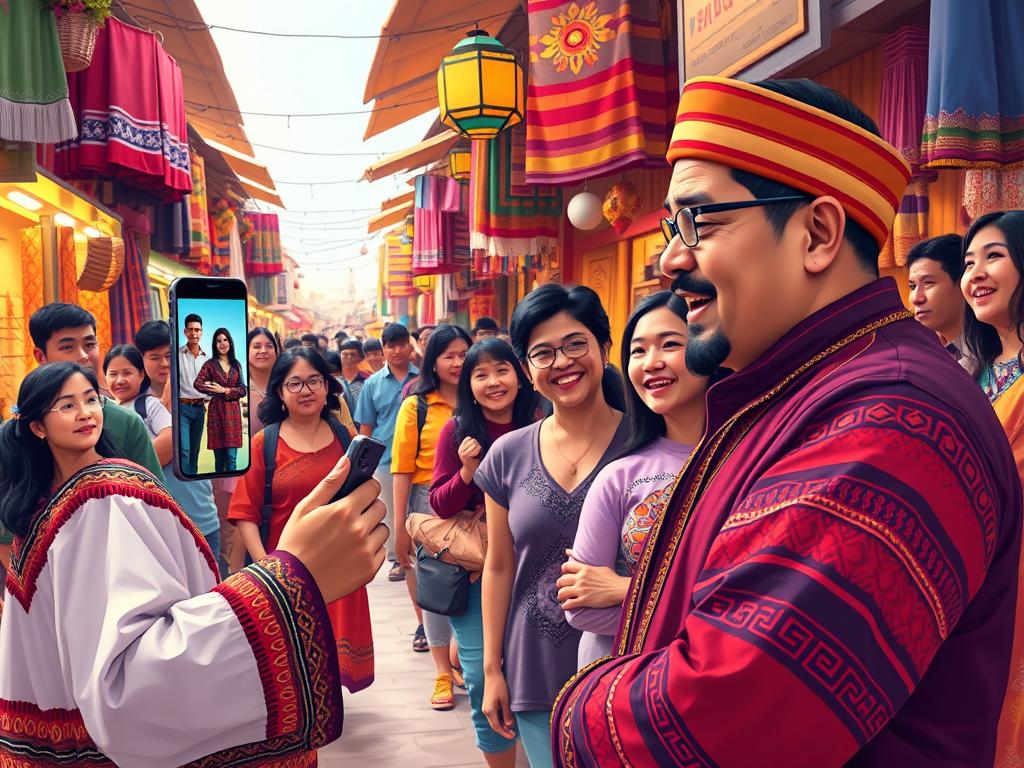 A vibrant digital illustration depicting a Peruvian business owner enthusiastically guiding a client through an engaging TikTok livestream. The foreground features the business owner, dressed in traditional Andean attire, animatedly explaining product details and promotions on a smartphone screen. The middle ground showcases a diverse audience of potential customers, their faces alight with excitement, leaning in to better see the livestream. In the background, a richly detailed Peruvian marketplace scene unfolds, with colorful textiles, artisanal crafts, and bustling foot traffic, conveying a sense of cultural authenticity. Warm lighting and a dynamic, energetic atmosphere permeate the scene, capturing the essence of a successful conversion-driven livestream experience.