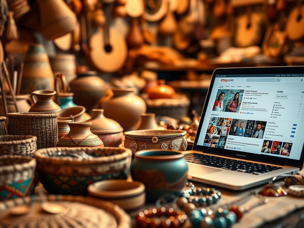A vibrant display of handcrafted Etsy goods, showcasing the intricate "listados" or listings of a thriving artisanal marketplace. In the foreground, an array of colorful, textured products arranged with care - woven baskets, pottery, and jewelry glinting in warm, natural lighting. The middle ground features a sleek laptop display, its screen filled with neatly organized product listings, optimized for visibility and SEO. In the background, a soft, blurred backdrop of a cozy, rustic workshop, hinting at the skilled craftsmanship behind each item. The overall scene exudes a sense of artistry, entrepreneurship, and the celebration of unique, handmade creations.