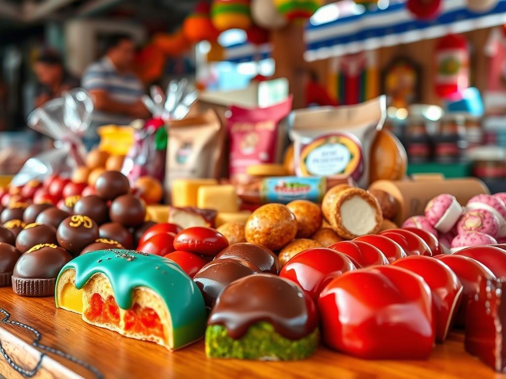 A vibrant display of traditional Venezuelan sweets, such as arequipe, cocadas, and golfeados, arranged aesthetically on a wooden artisanal table. In the foreground, focus on glossy, colorful treats beautifully presented, showcasing their textures and colors. In the middle, an assortment of packaging styles, emphasizing Etsy's unique artisanal touch, add depth to the scene. The background features softly blurred market details, with hints of vibrant decorations typical of a Venezuelan market. Warm, natural lighting creates a welcoming atmosphere, enhancing the rich hues of the sweets. The angle is slightly elevated, capturing the delightful essence of the treats while inviting viewers to explore the visual feast. The mood is joyful and enticing, perfect for showcasing the beauty of Venezuelan delicacies. A vibrant display of traditional Venezuelan sweets, such as arequipe, cocadas, and golfeados, arranged aesthetically on a wooden artisanal table. In the foreground, focus on glossy, colorful treats beautifully presented, showcasing their textures and colors. In the middle, an assortment of packaging styles, emphasizing Etsy's unique artisanal touch, add depth to the scene. The background features softly blurred market details, with hints of vibrant decorations typical of a Venezuelan market. Warm, natural lighting creates a welcoming atmosphere, enhancing the rich hues of the sweets. The angle is slightly elevated, capturing the delightful essence of the treats while inviting viewers to explore the visual feast. The mood is joyful and enticing, perfect for showcasing the beauty of Venezuelan delicacies.