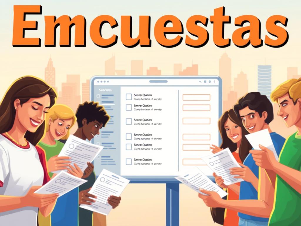 A vibrant, dynamic illustration of the "Encuestas" process. In the foreground, several diverse people eagerly filling out survey forms, their expressions conveying engagement and enthusiasm. In the middle ground, a clean, modern interface displaying survey questions and response options, with an intuitive layout. The background features a stylized cityscape, suggesting the wider context and impact of these surveys. Warm, natural lighting illuminates the scene, creating a welcoming and approachable atmosphere. The overall composition evokes a sense of participation, transparency, and the empowerment of the survey participants.