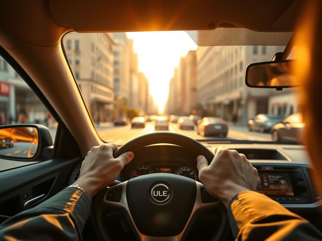 A vibrant, dynamic scene depicting the experience of being an Uber driver. In the foreground, a driver's hands gripping the steering wheel, the interior of a well-maintained, modern vehicle visible. The middle ground features a city streetscape outside the car, with buildings, pedestrians, and other vehicles conveying a sense of urban energy and bustle. The background showcases a sunlit sky, with warm, golden lighting casting an inviting glow over the entire scene. The composition emphasizes the driver's active role, conveying a feeling of purpose, efficiency, and engagement with the urban environment. The overall tone is one of optimism, professionalism, and a positive, rewarding driving experience.