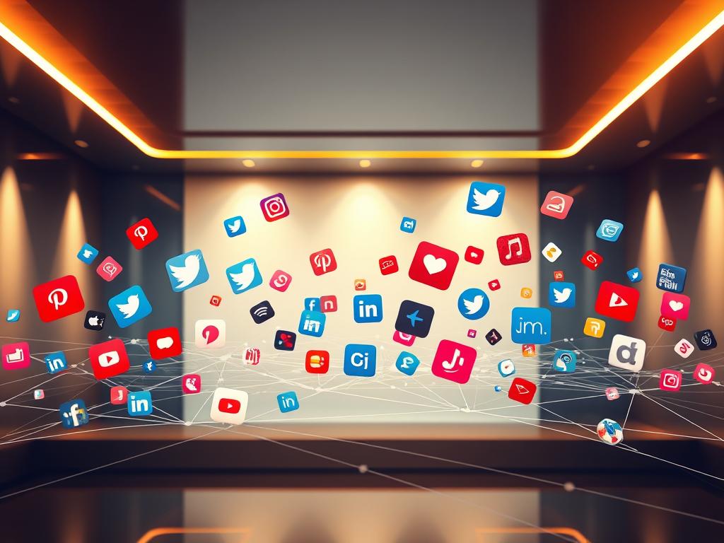A vibrant, dynamic scene of social media platforms against a sleek, modern backdrop. In the foreground, carefully curated icons and logos for popular social media apps float and overlap, capturing the interconnected nature of digital communication. The middle ground features a stylized network of lines and shapes, suggesting the web of online interactions. In the background, a clean, minimalist environment with subtle highlights and reflections creates a sense of professionalism and sophistication. Warm lighting from above casts a soft glow, evoking a sense of productivity and engagement. The overall composition conveys the power of social media as a crucial tool for corporate video content and digital marketing strategies. A vibrant, dynamic scene of social media platforms against a sleek, modern backdrop. In the foreground, carefully curated icons and logos for popular social media apps float and overlap, capturing the interconnected nature of digital communication. The middle ground features a stylized network of lines and shapes, suggesting the web of online interactions. In the background, a clean, minimalist environment with subtle highlights and reflections creates a sense of professionalism and sophistication. Warm lighting from above casts a soft glow, evoking a sense of productivity and engagement. The overall composition conveys the power of social media as a crucial tool for corporate video content and digital marketing strategies.