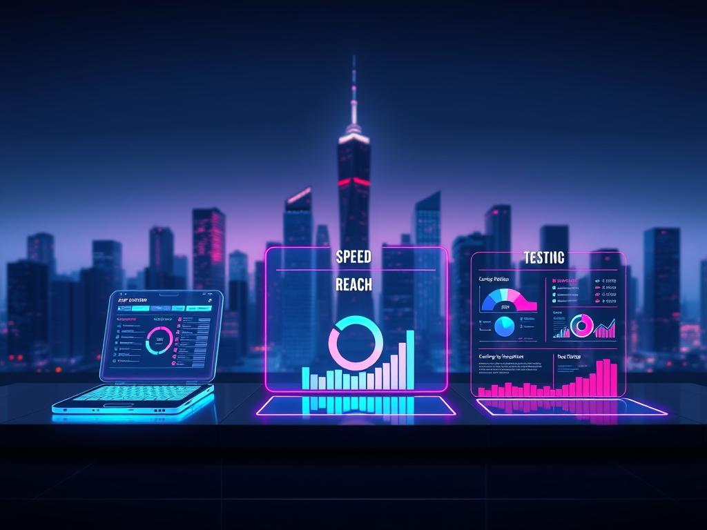 A vibrant, futuristic visualization of mobile app testing comparison. In the foreground, three distinct app testing types - unit, integration, and end-to-end - illustrated as sleek, holographic interfaces. The middle ground showcases the key metrics of speed and reach, visualized as dynamic data visualizations and infographics. The background features a minimalist city skyline, bathed in a cool, neon-tinged palette, evoking a sense of advanced technology. The lighting is a mix of direct and ambient, creating depth and dimensionality. The camera angle is elevated, providing an overview of the scene, capturing the comprehensive nature of the comparison. A vibrant, futuristic visualization of mobile app testing comparison. In the foreground, three distinct app testing types - unit, integration, and end-to-end - illustrated as sleek, holographic interfaces. The middle ground showcases the key metrics of speed and reach, visualized as dynamic data visualizations and infographics. The background features a minimalist city skyline, bathed in a cool, neon-tinged palette, evoking a sense of advanced technology. The lighting is a mix of direct and ambient, creating depth and dimensionality. The camera angle is elevated, providing an overview of the scene, capturing the comprehensive nature of the comparison.