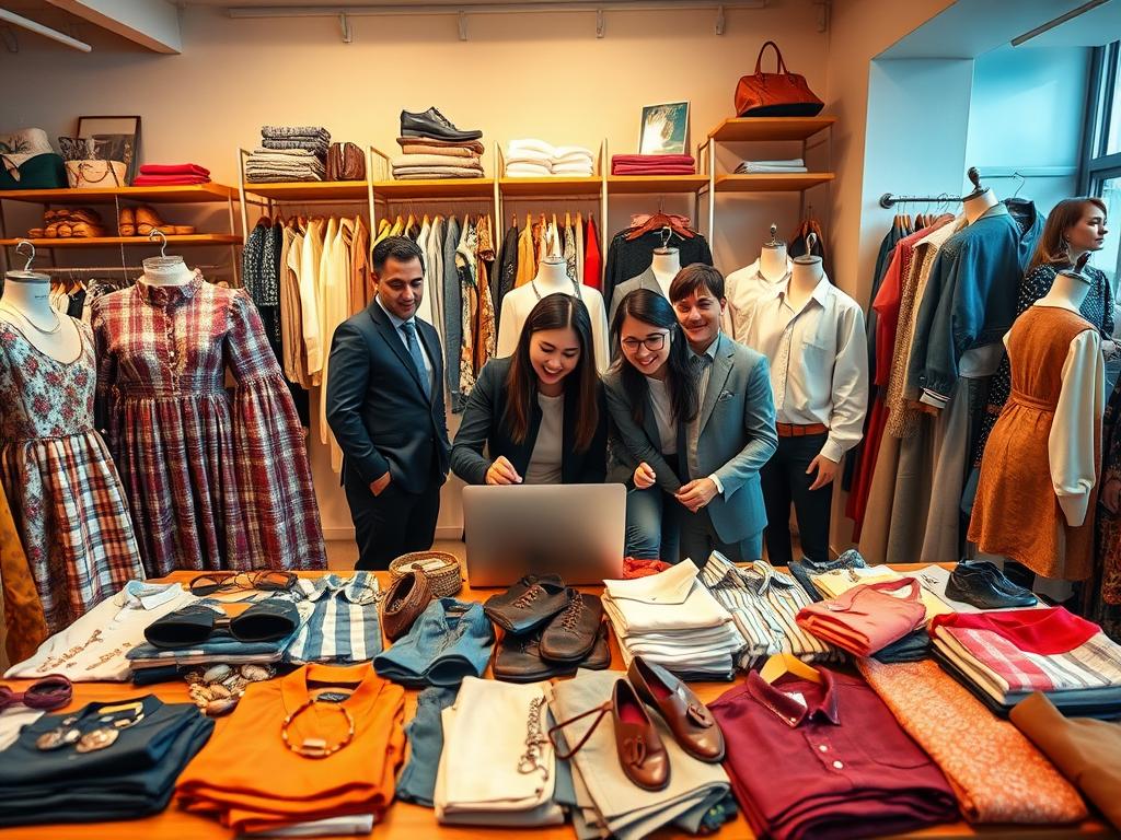 A vibrant, inviting online thrift store scene with a variety of used clothing on display. In the foreground, a neatly arranged table showcases eclectic garments, including vintage dresses, shirts, and accessories. A confident, diverse group of individuals in professional business attire engages with a laptop, discussing their online shop. In the middle, an organized shelving unit is stocked with clothing items, and several mannequins model trendy outfits. The background features a cozy atmosphere with warm lighting and soft colors, reminiscent of a modern boutique. The scene is an engaging representation of the integration between online shopping and social media platforms, emphasizing connectivity and commerce. The angle is slightly elevated to encompass both the shoppers and the clothing, creating a dynamic and engaging composition. A vibrant, inviting online thrift store scene with a variety of used clothing on display. In the foreground, a neatly arranged table showcases eclectic garments, including vintage dresses, shirts, and accessories. A confident, diverse group of individuals in professional business attire engages with a laptop, discussing their online shop. In the middle, an organized shelving unit is stocked with clothing items, and several mannequins model trendy outfits. The background features a cozy atmosphere with warm lighting and soft colors, reminiscent of a modern boutique. The scene is an engaging representation of the integration between online shopping and social media platforms, emphasizing connectivity and commerce. The angle is slightly elevated to encompass both the shoppers and the clothing, creating a dynamic and engaging composition.