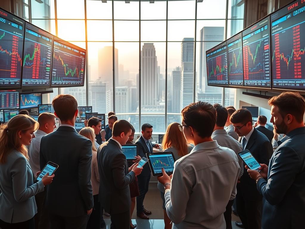 A vibrant marketplace scene depicting various financial markets. In the foreground, a diverse group of professionals, dressed in business attire, engage in discussions while examining digital devices displaying trading charts. The middle ground features large screens showcasing dynamic market graphs for forex, futures, options, stocks, and cryptocurrencies. The background illustrates a modern trading floor with panoramic windows revealing a city skyline, bathed in warm, natural light streaming in. The atmosphere is energetic and focused, reflecting the fast-paced nature of trading. Use a slightly elevated perspective as if captured with a 24mm lens to create depth, ensuring the mood is inspiring and collaborative, highlighting the importance of improving trading skills.