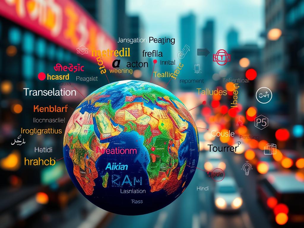A vibrant, multi-cultural collage showcasing the diversity of languages and global connectivity. In the foreground, a globe with continents highlighted in vivid hues, surrounded by swirling text in various scripts - Mandarin, Arabic, Cyrillic, Hindi, and more. In the middle ground, stylized icons representing translation, localization, and international business, all bathed in warm, diffused lighting. The background features a blurred cityscape, with skyscrapers and traffic signals hinting at the complex web of international markets and regulatory compliance. The overall atmosphere is one of dynamism, progress, and the rich tapestry of world languages.