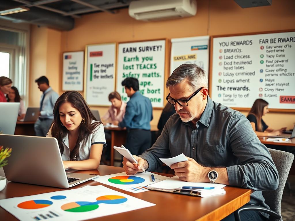 A vibrant office scene depicting a diverse group of individuals engaged in various tasks related to online surveys and rewards. In the foreground, a focused young woman analyzes survey data on her laptop, while beside her, a middle-aged man with glasses scribbles notes on a notepad. The middle ground features a table with colorful pie charts and graphs representing survey results. In the background, a bright window lets in natural light, illuminating a bulletin board filled with motivational quotes about earning rewards. The atmosphere is dynamic and professional, emphasizing productivity and collaboration. The lighting is warm, creating an inviting and stimulating environment, shot from a slightly elevated angle to capture the entire scene. A vibrant office scene depicting a diverse group of individuals engaged in various tasks related to online surveys and rewards. In the foreground, a focused young woman analyzes survey data on her laptop, while beside her, a middle-aged man with glasses scribbles notes on a notepad. The middle ground features a table with colorful pie charts and graphs representing survey results. In the background, a bright window lets in natural light, illuminating a bulletin board filled with motivational quotes about earning rewards. The atmosphere is dynamic and professional, emphasizing productivity and collaboration. The lighting is warm, creating an inviting and stimulating environment, shot from a slightly elevated angle to capture the entire scene.