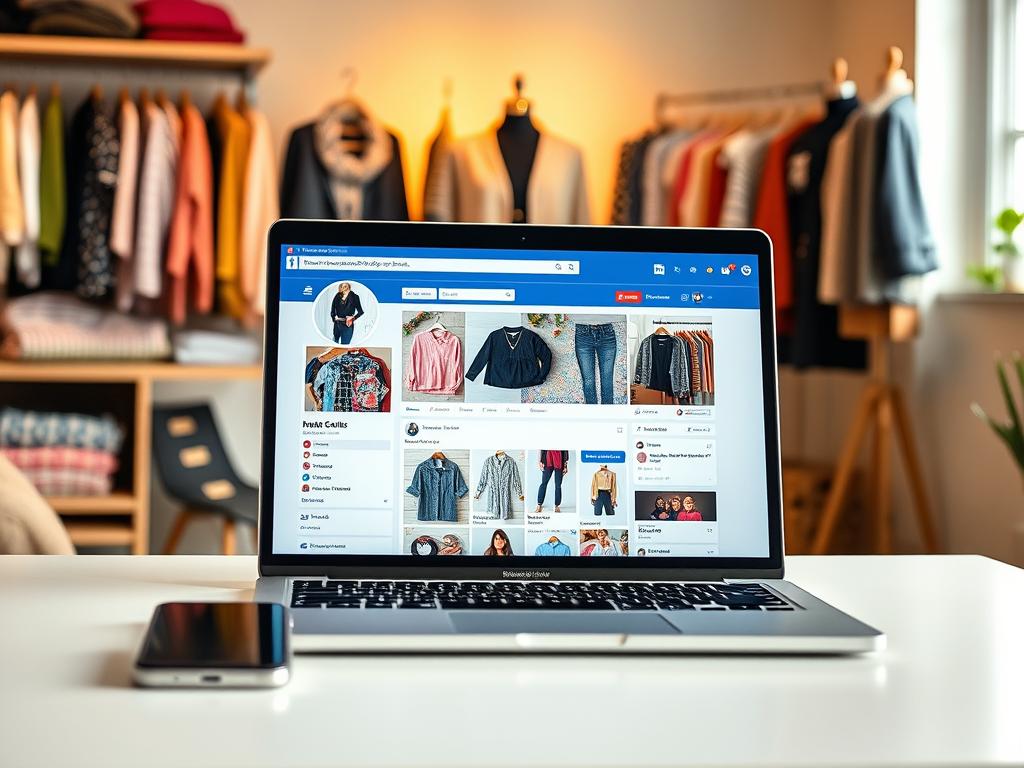 A vibrant scene depicting a well-organized Facebook business page for selling used clothing. In the foreground, a laptop displays the Facebook interface showcasing a stylish page filled with images of trendy second-hand outfits, laid out neatly. Slightly blurred, a smartphone rests beside the laptop, illustrating notifications about new interactions. In the middle ground, a cozy, brightly lit room features shelves of folded clothes and mannequins adorned with various garments, creating a fashionable and inviting atmosphere. The background includes soft, glowing light from a window, enhancing the warm, entrepreneurial vibe. The overall mood is professional yet approachable, evoking a sense of community and activity in the realm of online selling. Ideal for an article on Facebook marketplace strategies. A vibrant scene depicting a well-organized Facebook business page for selling used clothing. In the foreground, a laptop displays the Facebook interface showcasing a stylish page filled with images of trendy second-hand outfits, laid out neatly. Slightly blurred, a smartphone rests beside the laptop, illustrating notifications about new interactions. In the middle ground, a cozy, brightly lit room features shelves of folded clothes and mannequins adorned with various garments, creating a fashionable and inviting atmosphere. The background includes soft, glowing light from a window, enhancing the warm, entrepreneurial vibe. The overall mood is professional yet approachable, evoking a sense of community and activity in the realm of online selling. Ideal for an article on Facebook marketplace strategies.