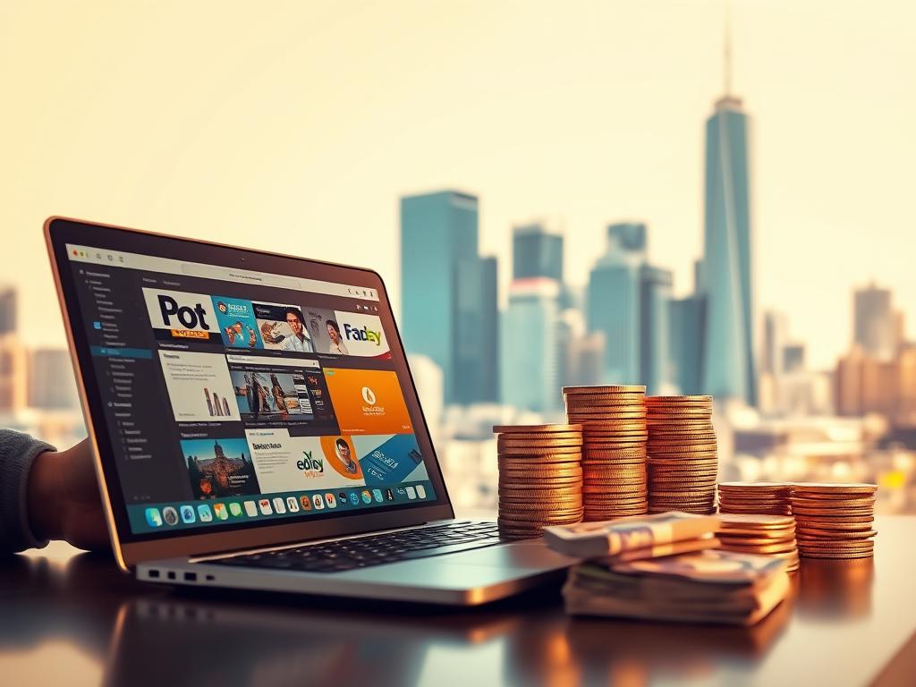 A vibrant scene of a person earning money through online advertisements, with a laptop in the foreground displaying various ad networks. In the middle ground, stacks of coins and banknotes represent the financial rewards, while the background depicts a modern cityscape with skyscrapers, symbolizing the urban landscape where this income-generating activity takes place. The lighting is warm and inviting, creating a sense of productivity and financial opportunity. The composition is well-balanced, with a clean, minimalist aesthetic that draws the viewer's attention to the key elements of the image.