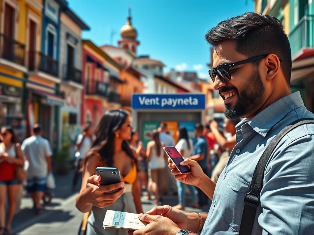 A vibrant urban scene in Venezuela, focused on a bustling marketplace where individuals engage in various payment methods. In the foreground, a professional-looking Venezuelan man wearing business attire is using a smartphone to make an online payment, while a woman nearby holds cash and smiles, showcasing a sense of community and economic activity. In the middle ground, a small group of people is gathered around a kiosk, discussing payment options with bright posters displaying popular payment methods in the backdrop. The background features colorful Venezuelan buildings under a clear blue sky, with warm sunlight illuminating the scene, creating an inviting, optimistic atmosphere. The image conveys a sense of financial empowerment and flexibility in modern gig work. A vibrant urban scene in Venezuela, focused on a bustling marketplace where individuals engage in various payment methods. In the foreground, a professional-looking Venezuelan man wearing business attire is using a smartphone to make an online payment, while a woman nearby holds cash and smiles, showcasing a sense of community and economic activity. In the middle ground, a small group of people is gathered around a kiosk, discussing payment options with bright posters displaying popular payment methods in the backdrop. The background features colorful Venezuelan buildings under a clear blue sky, with warm sunlight illuminating the scene, creating an inviting, optimistic atmosphere. The image conveys a sense of financial empowerment and flexibility in modern gig work.