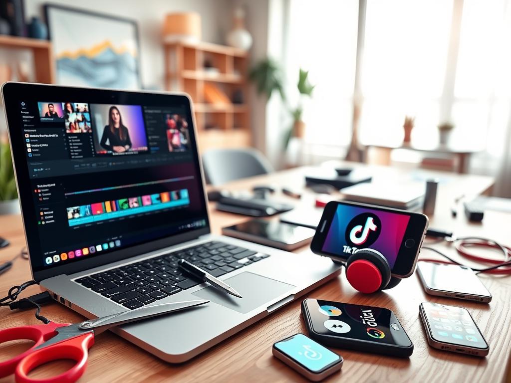 A vibrant workspace featuring a collection of video editing tools and resources. In the foreground, a sleek laptop opened to a video editing software interface, surrounded by colorful editing tools like scissors, headphones, and a smartphone displaying a TikTok app. In the middle ground, a stylish desk with an external hard drive, a tablet, and various mobile apps symbolized by their icons. The background showcases a bright, modern office with a large window letting in soft, natural light, creating an inviting atmosphere. The overall mood is creative and inspiring, appealing to aspiring TikTok creators. Capture this scene with a shallow depth of field, soft lighting, and a slightly angled perspective to emphasize the editing tools.