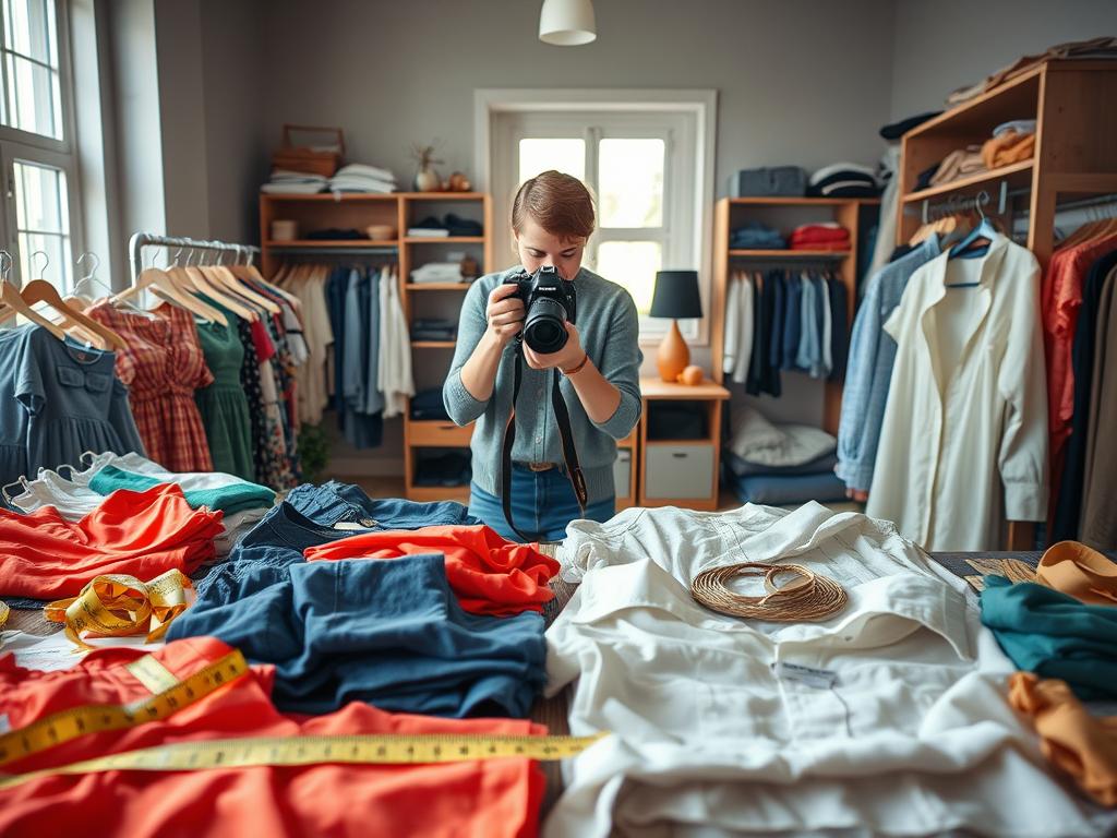 A visually captivating scene depicting the meticulous preparation of used clothing inventory for sale. In the foreground, neatly arranged garments—vibrant dresses, casual shirts, and accessories—display excellent quality and varied sizes, with measuring tape and notes nearby to emphasize attention to detail. The middle layer features a person in modest casual clothing, carefully taking high-quality photographs of the clothing items using a DSLR camera, ensuring optimal angles for showcasing each piece. In the background, a well-organized workspace with soft natural lighting filtering in from a window, creating a warm, inviting atmosphere. The mood is professional and focused, highlighting the importance of presentation in successful online sales. A visually captivating scene depicting the meticulous preparation of used clothing inventory for sale. In the foreground, neatly arranged garments—vibrant dresses, casual shirts, and accessories—display excellent quality and varied sizes, with measuring tape and notes nearby to emphasize attention to detail. The middle layer features a person in modest casual clothing, carefully taking high-quality photographs of the clothing items using a DSLR camera, ensuring optimal angles for showcasing each piece. In the background, a well-organized workspace with soft natural lighting filtering in from a window, creating a warm, inviting atmosphere. The mood is professional and focused, highlighting the importance of presentation in successful online sales.