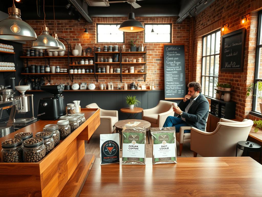A warm, cozy coffee shop setting with a stylish subscription service display. In the foreground, an elegant wooden counter showcases an array of premium coffee beans and brewing equipment. The middle ground features a comfortable seating area with plush armchairs and a wooden table, where a customer enjoys a freshly brewed cup of artisanal coffee. The background depicts a rustic brick wall adorned with shelves showcasing various coffee-related merchandise and a chalkboard menu highlighting the subscription options. Soft lighting from pendant lamps creates a inviting ambiance, while large windows allow natural light to filter in, casting a gentle glow over the scene. The overall atmosphere exudes a sense of quality, craftsmanship, and the joy of discovering new coffee experiences through a personalized subscription. A warm, cozy coffee shop setting with a stylish subscription service display. In the foreground, an elegant wooden counter showcases an array of premium coffee beans and brewing equipment. The middle ground features a comfortable seating area with plush armchairs and a wooden table, where a customer enjoys a freshly brewed cup of artisanal coffee. The background depicts a rustic brick wall adorned with shelves showcasing various coffee-related merchandise and a chalkboard menu highlighting the subscription options. Soft lighting from pendant lamps creates a inviting ambiance, while large windows allow natural light to filter in, casting a gentle glow over the scene. The overall atmosphere exudes a sense of quality, craftsmanship, and the joy of discovering new coffee experiences through a personalized subscription.