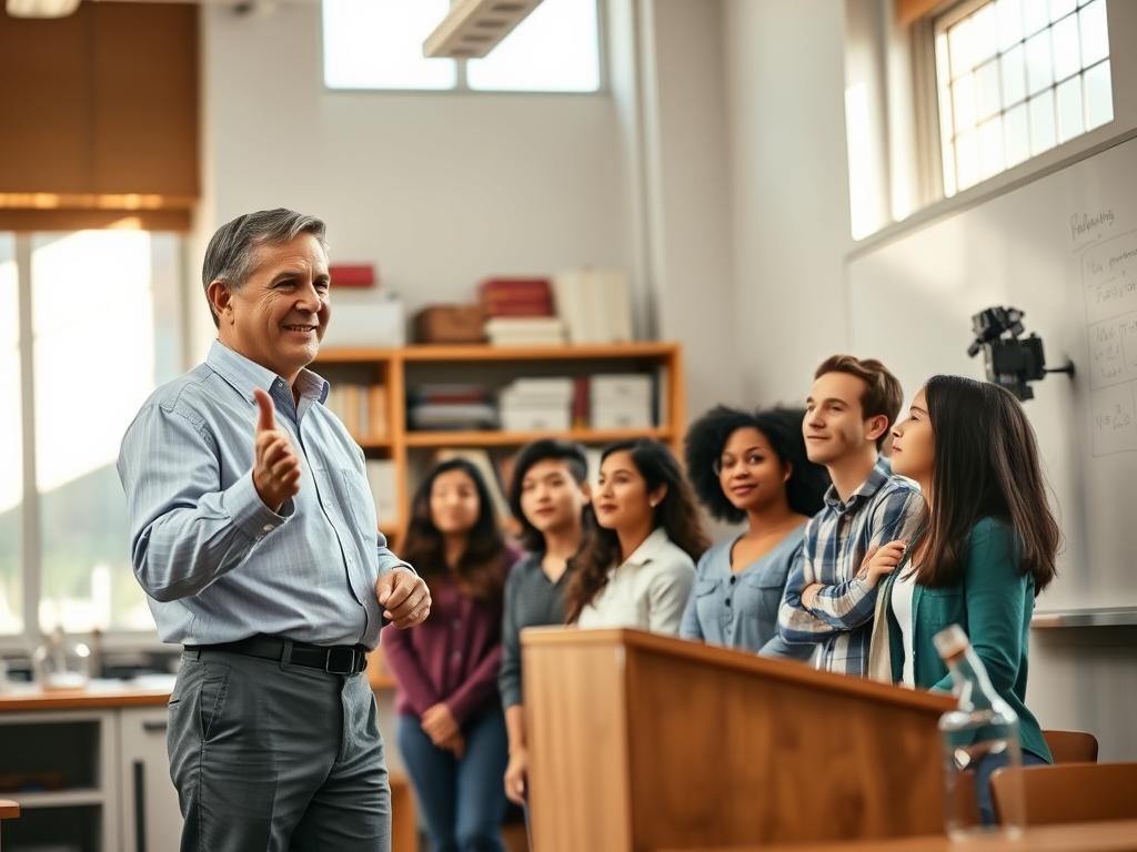A warm, inviting classroom setting with natural lighting streaming in through large windows. In the foreground, a charismatic, approachable professor stands at a lectern, dressed in a crisp button-down shirt and slacks, gesturing enthusiastically as they explain a complex math or science concept on the whiteboard behind them. The professor's expression is one of genuine passion and patience, conveying a deep understanding of the subject matter and a genuine desire to help students succeed. In the middle ground, a group of attentive, engaged students of diverse ages and backgrounds lean forward, their faces alight with curiosity and understanding. The background features bookshelves, scientific equipment, and other academic accoutrements, creating an atmosphere of scholarly rigor and intellectual stimulation.