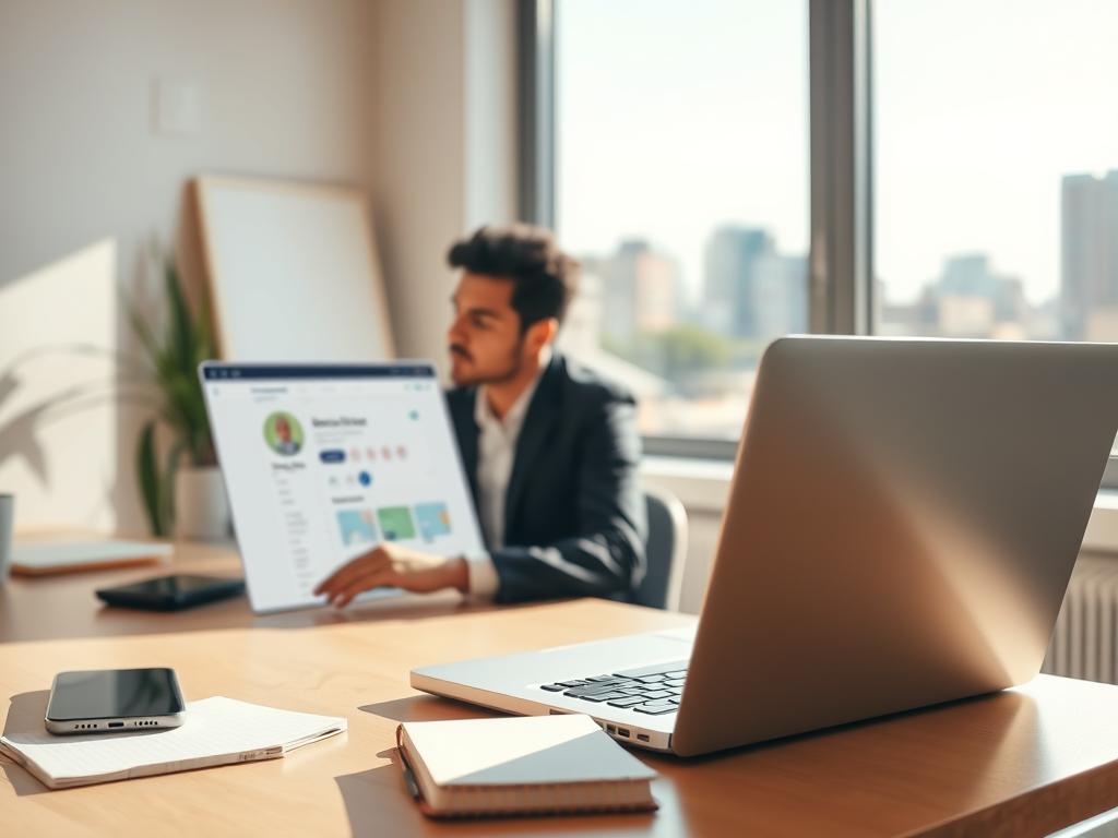A well-designed workspace scene focusing on optimizing an online profile for microtasks. In the foreground, a laptop open to a profile-editing page, with a professional person in smart casual attire intently working. The middle ground includes a tidy desk with digital tools, such as a smartphone displaying notifications and a notebook with notes. In the background, a soft-focus window reveals a sunny cityscape of Caracas, Venezuela, symbolizing flexible work opportunities. The lighting is bright and inviting, with natural light streaming in, creating a warm and productive atmosphere. The overall mood is encouraging and focused, highlighting the concept of enhancing one's profile for better job prospects. A well-designed workspace scene focusing on optimizing an online profile for microtasks. In the foreground, a laptop open to a profile-editing page, with a professional person in smart casual attire intently working. The middle ground includes a tidy desk with digital tools, such as a smartphone displaying notifications and a notebook with notes. In the background, a soft-focus window reveals a sunny cityscape of Caracas, Venezuela, symbolizing flexible work opportunities. The lighting is bright and inviting, with natural light streaming in, creating a warm and productive atmosphere. The overall mood is encouraging and focused, highlighting the concept of enhancing one's profile for better job prospects.
