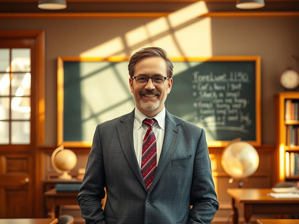 A well-dressed, confident English professor standing in front of a chalkboard, sunlight streaming through large windows, conveying an atmosphere of professionalism and expertise. The professor's expression is welcoming and engaging, inviting the viewer to learn. The classroom setting features classic wood furniture, a globe, and shelves of books, creating a scholarly ambiance. The lighting is warm and natural, highlighting the professor's features and the details of the scene. The composition places the professor centrally, with the chalkboard and classroom details framing the subject, creating a visually balanced and aesthetically pleasing image. A well-dressed, confident English professor standing in front of a chalkboard, sunlight streaming through large windows, conveying an atmosphere of professionalism and expertise. The professor's expression is welcoming and engaging, inviting the viewer to learn. The classroom setting features classic wood furniture, a globe, and shelves of books, creating a scholarly ambiance. The lighting is warm and natural, highlighting the professor's features and the details of the scene. The composition places the professor centrally, with the chalkboard and classroom details framing the subject, creating a visually balanced and aesthetically pleasing image.