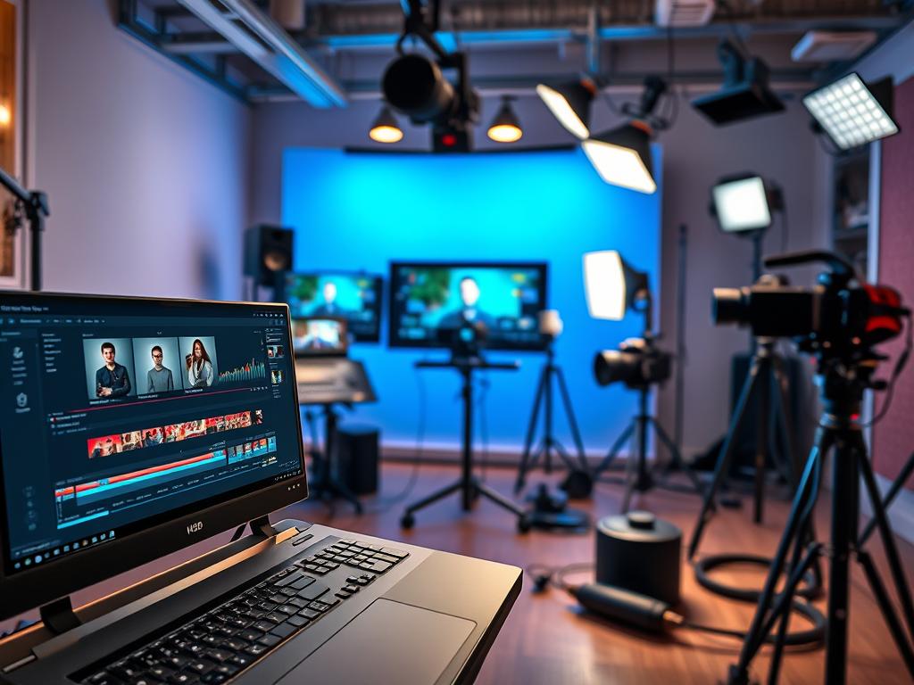 A well-lit and detailed studio workspace featuring a variety of video editing tools and equipment. In the foreground, an advanced editing software interface with sliders, timelines, and customizable templates. The middle ground showcases a range of AI-powered video enhancement tools, including color correction, stabilization, and special effects plugins. In the background, high-end cameras, lighting rigs, and other professional video production gear create a sense of an intermediate-level video editing setup. The overall mood is one of creative control, technological mastery, and a sleek, modern aesthetic suitable for a YouTuber's video editing needs.