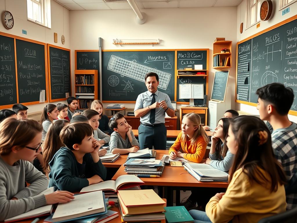 A well-lit classroom filled with students intently focused on mathematics, surrounded by a mix of detailed chalkboards, textbooks, and various educational materials. The room has a warm, inviting atmosphere, with natural light streaming in through large windows. The teacher stands at the front, using a pointer to guide the lesson, their gaze filled with enthusiasm as they engage the class. The students' expressions range from thoughtful contemplation to moments of eureka, capturing the dynamic nature of the educational experience. The overall scene conveys a sense of academic rigor and the joy of learning mathematics.