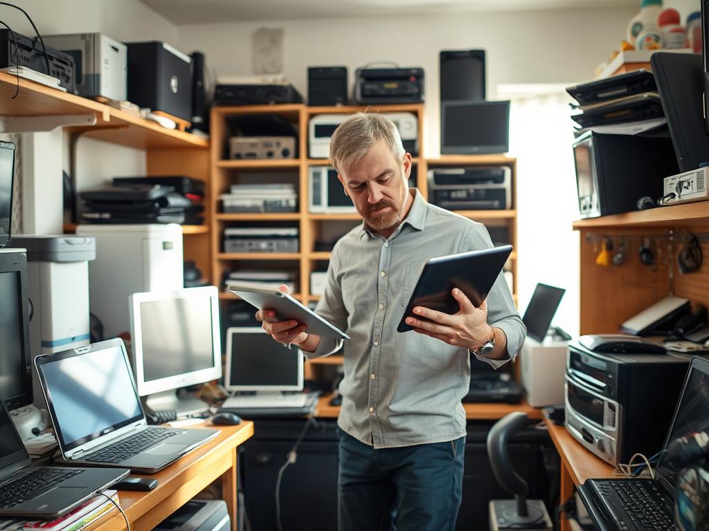 A well-lit, high-resolution image of a person standing in a home office or small workshop, surrounded by a variety of used electronic devices such as laptops, desktop computers, phones, and tablets. The person is examining one of the devices, evaluating its condition and potential for resale or recycling. The background features shelves or storage units filled with additional used electronics, conveying a sense of a thriving secondhand electronics marketplace. The lighting is natural and warm, creating a cozy, inviting atmosphere that suggests the responsible handling and repurposing of these pre-owned devices.